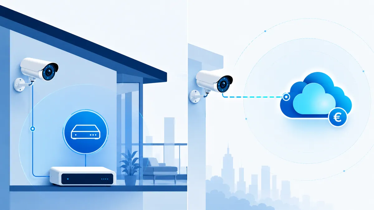 Esquema comparando la grabación local de UniFi Protect frente a la grabación en la nube con cuota