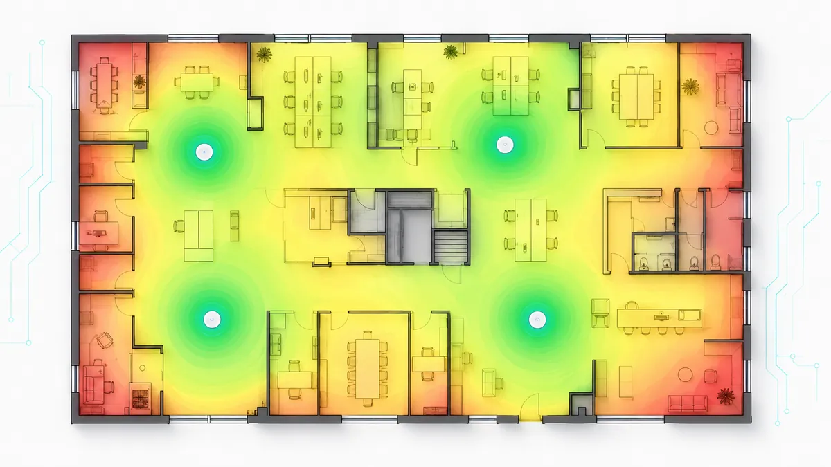 Mapa de calor WiFi sobre el plano de una oficina, con zonas de buena cobertura en verde y zonas muertas en rojo