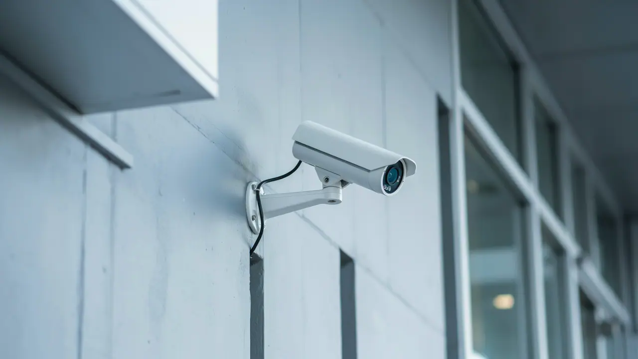 Cámara de videovigilancia UniFi Protect en la fachada de un negocio