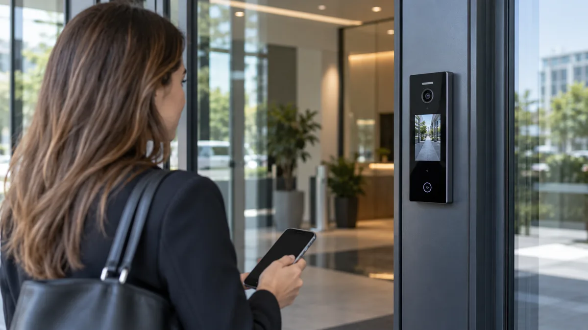Videoportero IP UniFi Access Intercom instalado en la entrada de una oficina