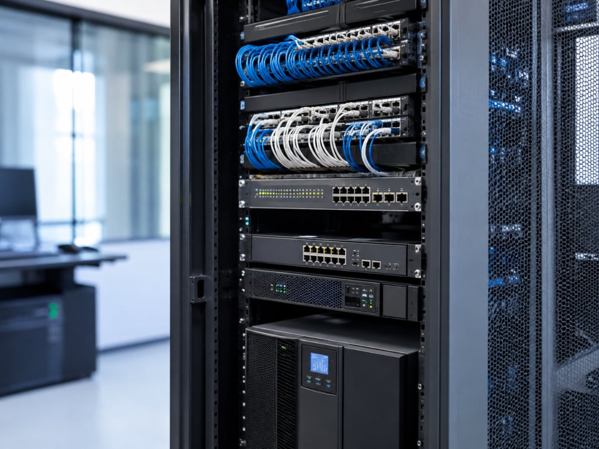 Rack UniFi ordenado instalado por catmicro en una empresa de Cataluña